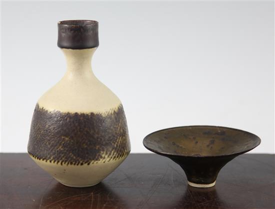 Dame Lucie Rie D.B.E. (1902-1995). A porcelain bottle vase and a small flaring bowl, diam. 9.5cm, faults